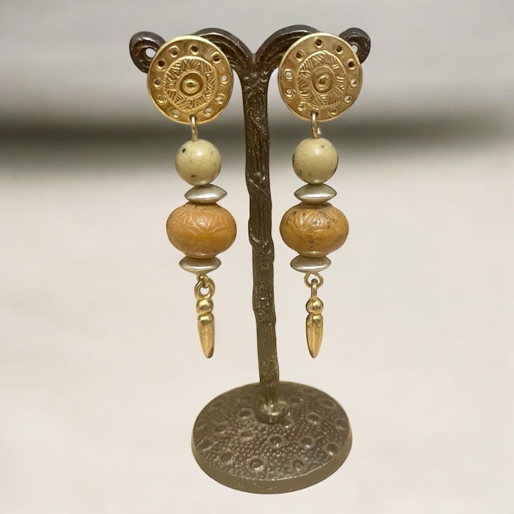 Vintage Gold Tone Wood & Stone Earrings